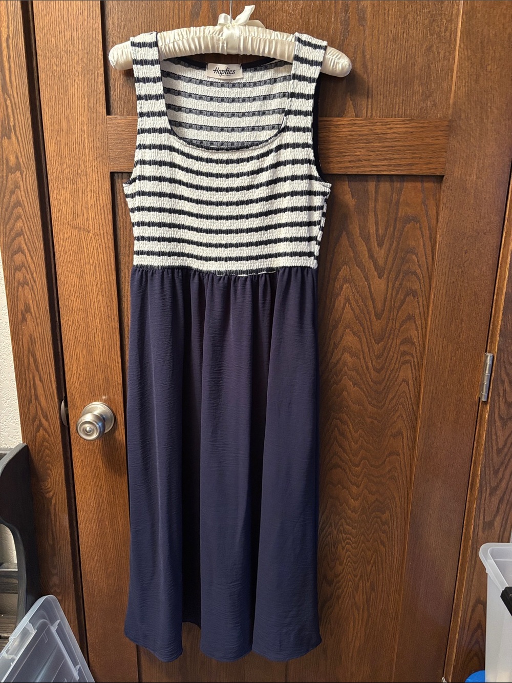 Fit & Flare Twofer Look Navy and White Striped Tank MIDI Dress. Large